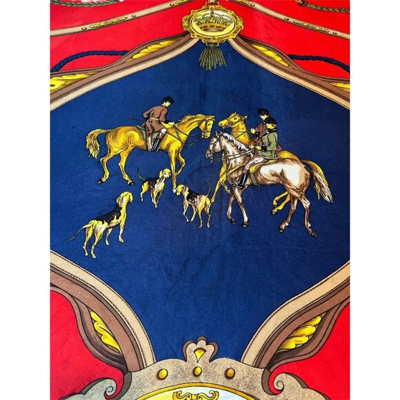 Vintage Equestrian Scarf By Antoine Red & Blue With Horses & Dogs 34"x34" - Picture 3 of 5